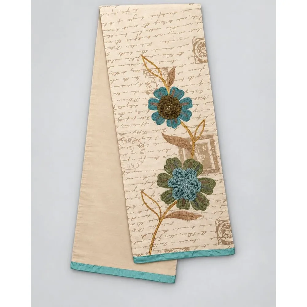 Pier 1 Imports 72x13 Embroidered Floral Table Runner Teal Cottagecore Decor
